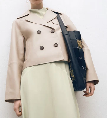 NWT MANGO SELECTION MNG ICE GREY CROPPED LEATHER TRENCH COAT SZ M - Image 1 of 4