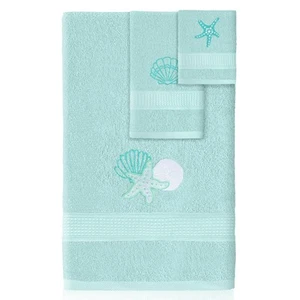 3 Pcs Coastal Seashell Bathroom Towel Set Farmhouse Embroidered Coastal Seash... - Picture 1 of 6