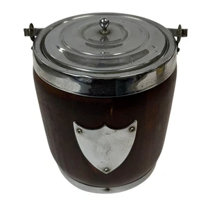 Vintage English Biscuit Barrel Humidor Oak Wood Silverplate Trim Porcelain Liner - Picture 1 of 7