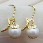 Natural 14k Gold Hook AAA 9-10mm Round South Sea White Pearl Dangle Earrings