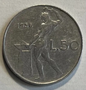 Italy 50 Lire 1950s - Vulcan - Hammer & Anvil - Circulated - Picture 1 of 5