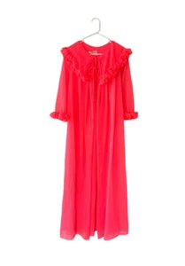 Vintage 60’s Peignoir Chiffon Robe Hot Coral Pink Ruffles Size Small ILGWU Union - Picture 1 of 7