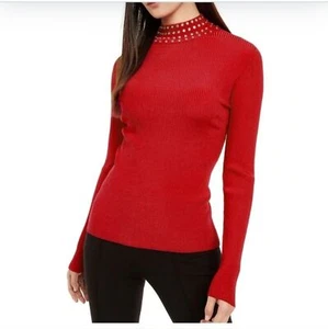 INC Red Embellished Mock Neck Ribbed Long Sleeve Top Size XXL NWT - Picture 1 of 7