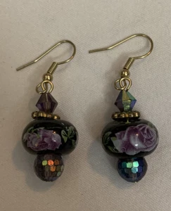 Sterling silver wire dangle Lampwork Flower bead crystal earrings - Picture 1 of 3