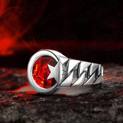 Anillo Luna Media Luna Hombre, Anillo Plata Esterlina 925 Con Piedra Circón Rojo Para Hombre Foto 1 de 4
