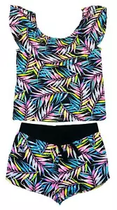 Girls 2 Piece Summer Outfit Green Pink Neon Tropical Crop Top Short Set 7-14 Yrs - Picture 1 of 3