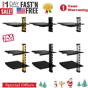 2 Tier Dual Glass Shelf Wall Mount Under TV Cable Box Component Dvr Dvd Bracket - Picture 1 of 21
