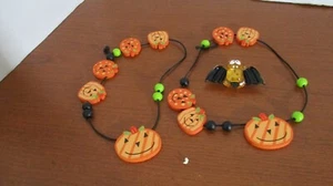 Lot of 3 HALLOWEEN JEWELRY~Wood PUMPKIN NECKLACES & Flashing BAT PIN - Picture 1 of 4