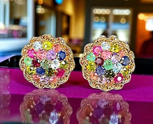 14K YELLOW GOLD TWISTED ROPE RUBY SAPPHIRE MULTI GEMSTONE CLUSTER CLIP EARRINGS - Picture 1 of 7