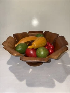 Wooden Fruit Bowl Set Carved Wooden Fruit Phillipines with 10 Pieces Vintage - Picture 1 of 8