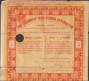 Titre 5 actions: THE COLOMBIAN INDIA-RUBBER EXPLORATION(COLOMBIE ROYAUME-UNI)(Q) - Bild 1 von 1
