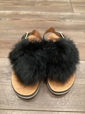 UGG HOLLY BLACK FLUFFY SHEEPSKINS US 8 Worn Once Sandals Thong Flip flops - Image 1 of 4