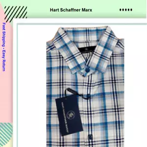 $89.50 Hart Schaffner Marx MEN'S S/Sleeve Plaid Shirt Cotton Blue/Gray size L - Picture 1 of 2