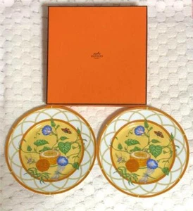 Hermes Siesta Dessert Plate Yellow Floral Tableware 2 set Tray Ornament Auth New - Picture 1 of 6