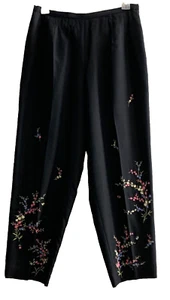 TALBOTS Vintage Pure Silk Side Zip Black Embroidered Pants, 10P - Picture 1 of 14