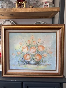 Vintage signiert Blumen Öl Leinwand 22x26 gerahmt Gemälde Landhaus Kern Bauernhaus - Bild 1 von 14