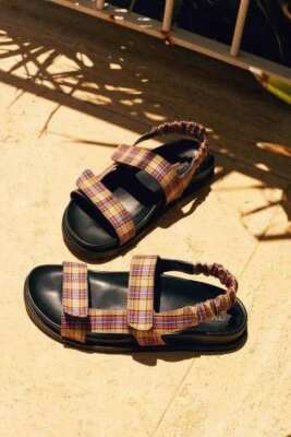 Momoni Yosemite Miu Sandals Check Cotton Leather Beige Au 10 41 Italian Designer - Image 1 of 4