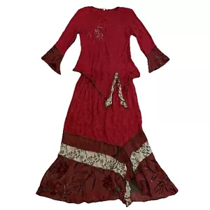Vintage Spencer Alexis Top Maxi Rock Set Damen L Rot Jacquard Burnout Samt - Bild 1 von 17
