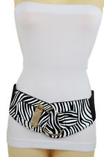 Women Day Night Look Black White Zebra Print Stretch Belt Gold Hook Buckle L XL