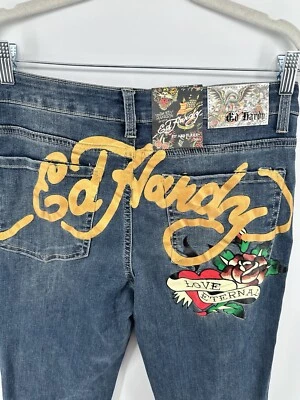 Ed Hardy Slim Flare Women's Multi Color Embroidery Blue Jeans Size 30 - Image 1 of 4