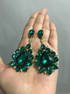 3" Big Green Large Gold Long Rhinestone Crystal Pageant Dangle Earrings Formal - Picture 1 of 7