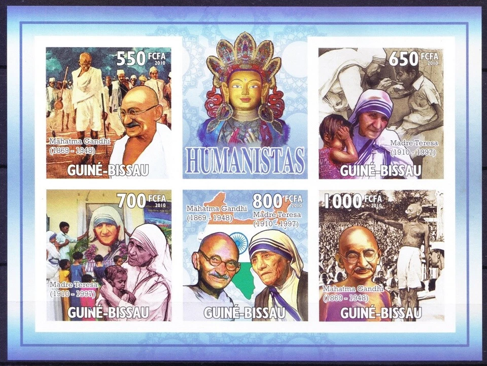 Guinea Bissau 2010 MNH Imperf SS, Humanists, India, Gandhi, Nobel Mother Teresa, - Image 1 of 1