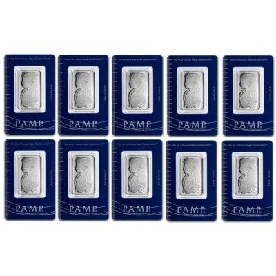 Lote de 10 - 1 oz barra de platino Pamp Suisse Lady Fortuna 999,5 ensayo fino sellado Foto 1 de 2