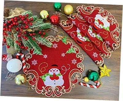  Christmas Holiday Embroidered Snowman Pattern 14" Placemats Set of 4 Red - Image 1 of 4