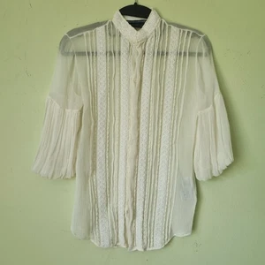 Vintage Ralph Lauren Shirt Blouse 100% Silk UK 6 XS Pearl Button Lace Ruffle - Picture 1 of 13