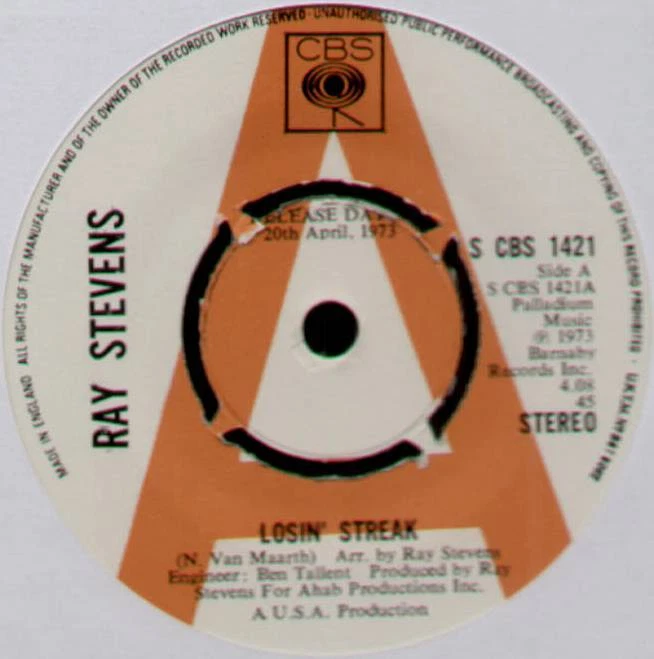RAY STEVENS ~ LOSIN' STREAK / INSIDE ~ 1973 UK "PROMO" VINYL 7" SINGLE - Image 1 of 1