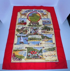 Vintage North Devon Tea Towel Approx 1980's Retro All Cotton Linen Red-Border - Picture 1 of 5