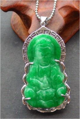 Green Jade Guanyin Kwan-yin Buddha Blessing White Gold Plated Pendant Necklace - Image 1 of 4
