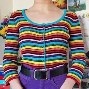 Lazy Oaf Sample Sale Rainbow Ribbed Striped Button Down Scoop Neck Cardigan - Picture 1 of 4