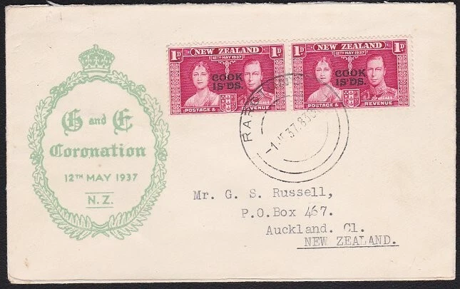 COOK IS 1937 Coronation 1d(2) on illustrated FDC - Rarotonga cds...........A8441 - Image 1 of 1