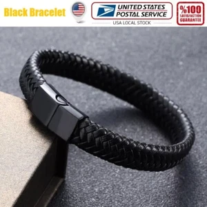 7.5" Men's Braided Leather Bangle Black Bracelet Stainless Steel Cuff Wristband - Picture 1 of 16