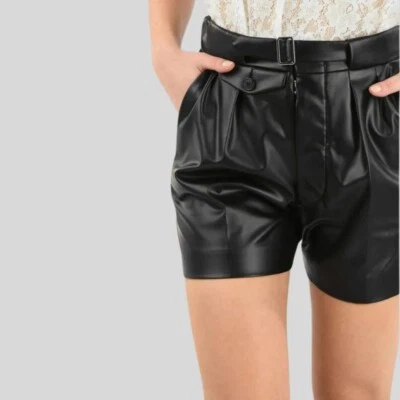 Pantalones Cortos de Cuero Cintura Alta Negros para Mujer - Plisado Cinturón Imitación Cuero Aspecto Elegante Foto 1 de 3