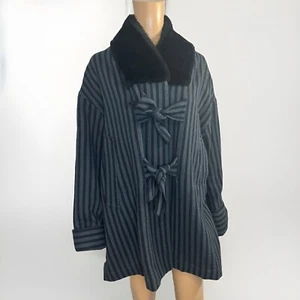 VTG Romeo Gigli VERY RARE Italy Wool Tie Front Blue Grey Stripe Shawl Coat Sz M - Picture 1 of 24