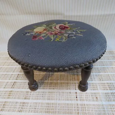 Antique Blue Floral Needlepoint Footstool With Nail Head Trim • 40£