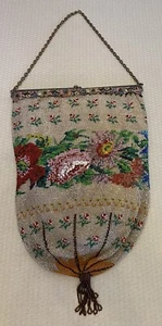 Victorian Antique Micro Beaded Bag Large Floral 4-Way Hinged Frame Sack Purse - Picture 1 of 24
