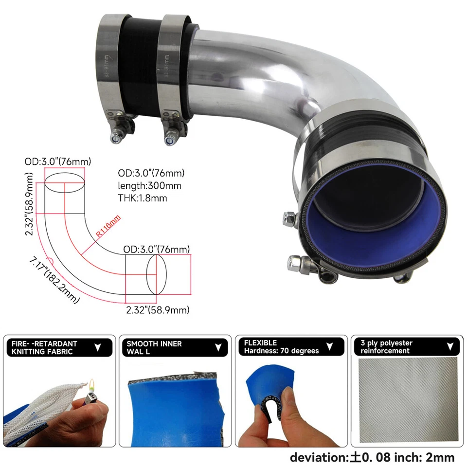 Tubo intercooler turbo de aluminio 90 grados 76 mm 3,0" + manguera de silicona + abrazadera BK Foto 1 de 4
