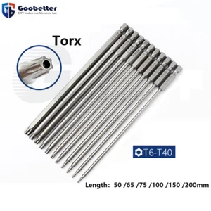 Magnetic Torx Security Screw Bit T5-T50 Extra Long Impact Driver Drill 1/4" Hex - Picture 1 of 67