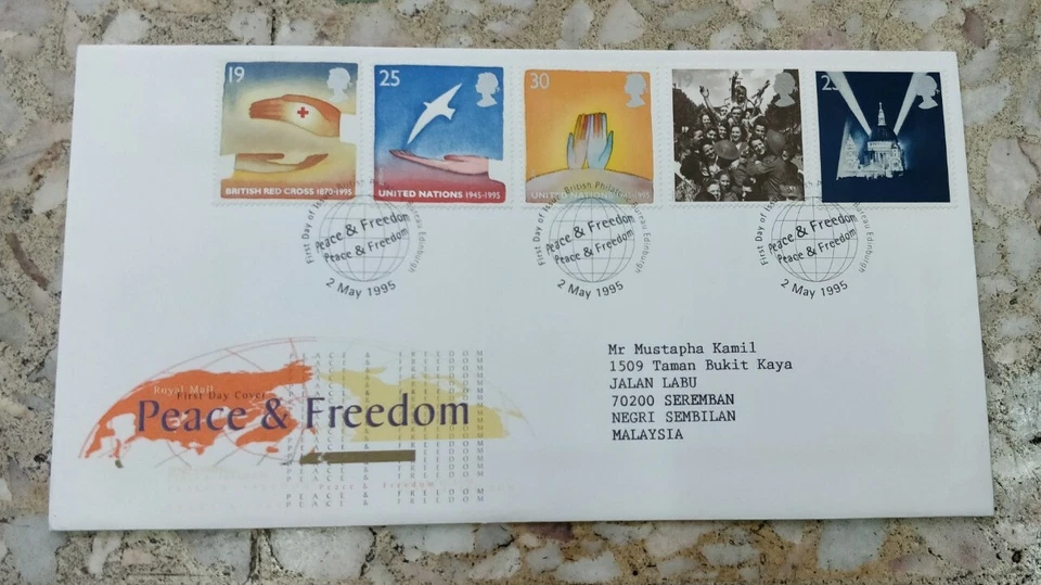 Peace & Freedom United Nations Red Cross stamps FDC  by UK Royal Mail 2 May 1995 - Image 1 of 4