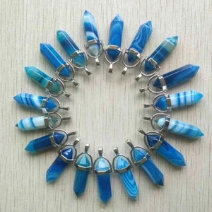 Natural Stone 30pcs Blue Line Agate Pendants Hexagonal Pillar Pendulum Necklaces - Picture 1 of 8