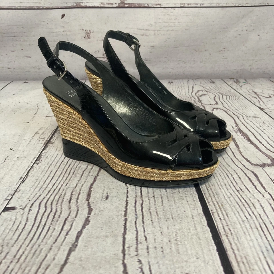 STUART WEITZMAN Wedge Womens 7.5M Black Patent Leather Dolunch Shoes - Image 1 of 4