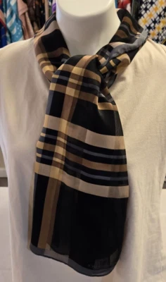 Jones New York Bufanda Cuadros Geométrica Seda? Beige Marrón Pizarra Azul LARGO 13x58 Foto 1 de 4