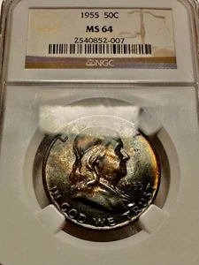 1955P FRANKLIN HALF /BLU,PURP,ORANGE TONED OBV, BLU/PUR REV / NGC MS64 CERTIFIED - Picture 1 of 2
