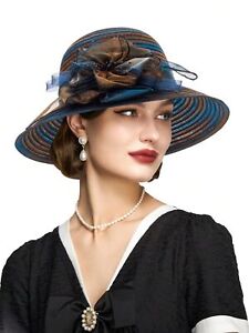 Organza Fascinator Tea-Party Derby-Hats for Women - Flower Wide Brim Church S...