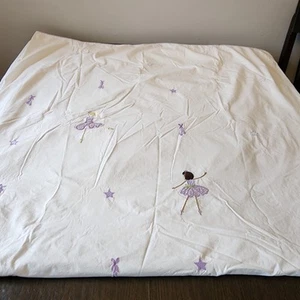 POTTERY BARN KIDS Organic Cotton QUEEN DUVET Embroidered Ballerinas Purple Trim - Picture 1 of 12