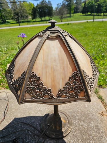 Antique Stained Slag Glass Lamp Bradley & Hubbard with Bronze Base | eBay