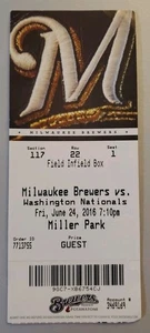 Milwaukee Brewers Washington Nationals Baseball Ticket 6/24 2016 Broxton 1st HR - Picture 1 of 2